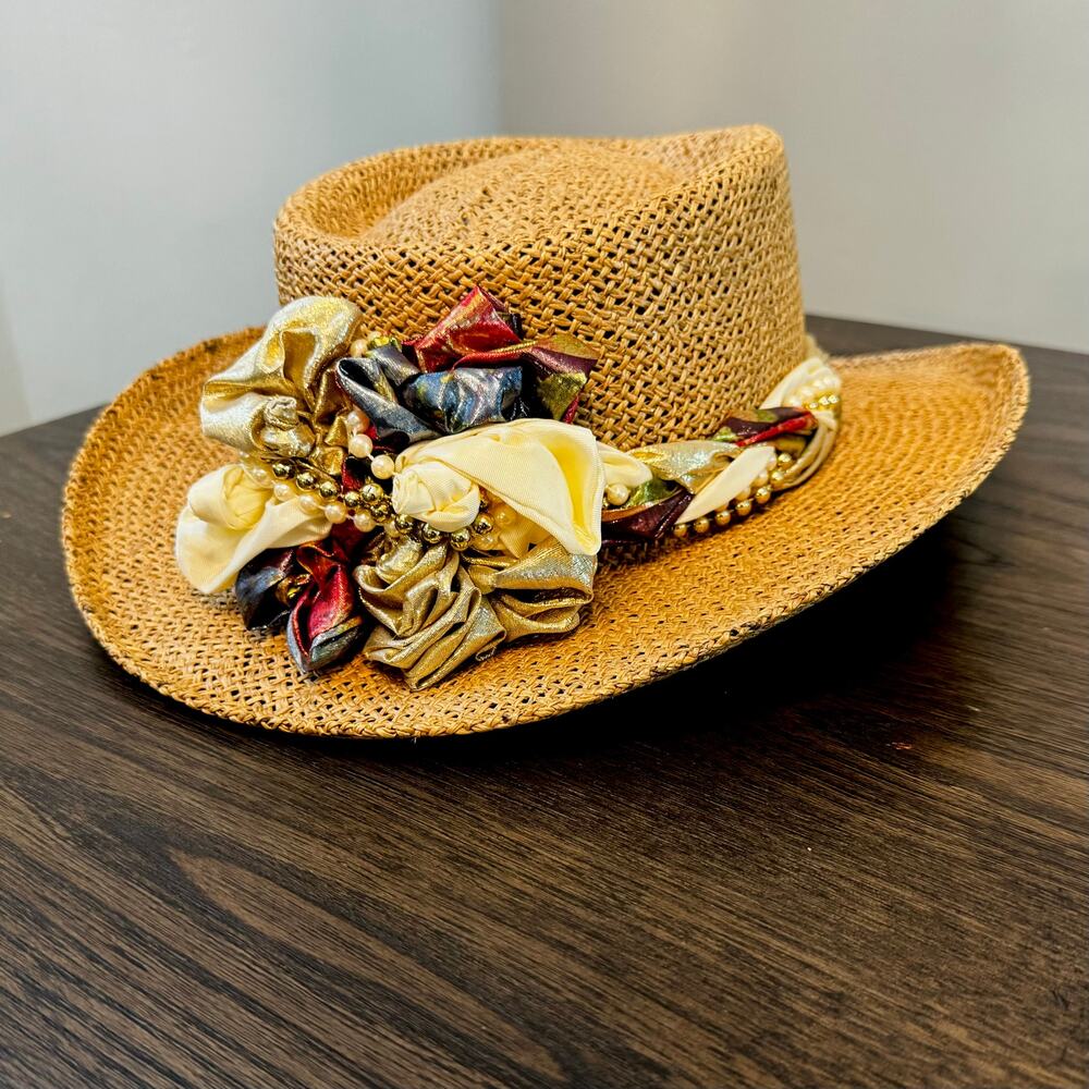 Woven Straw Wide Brim Floral Garden Party Hat